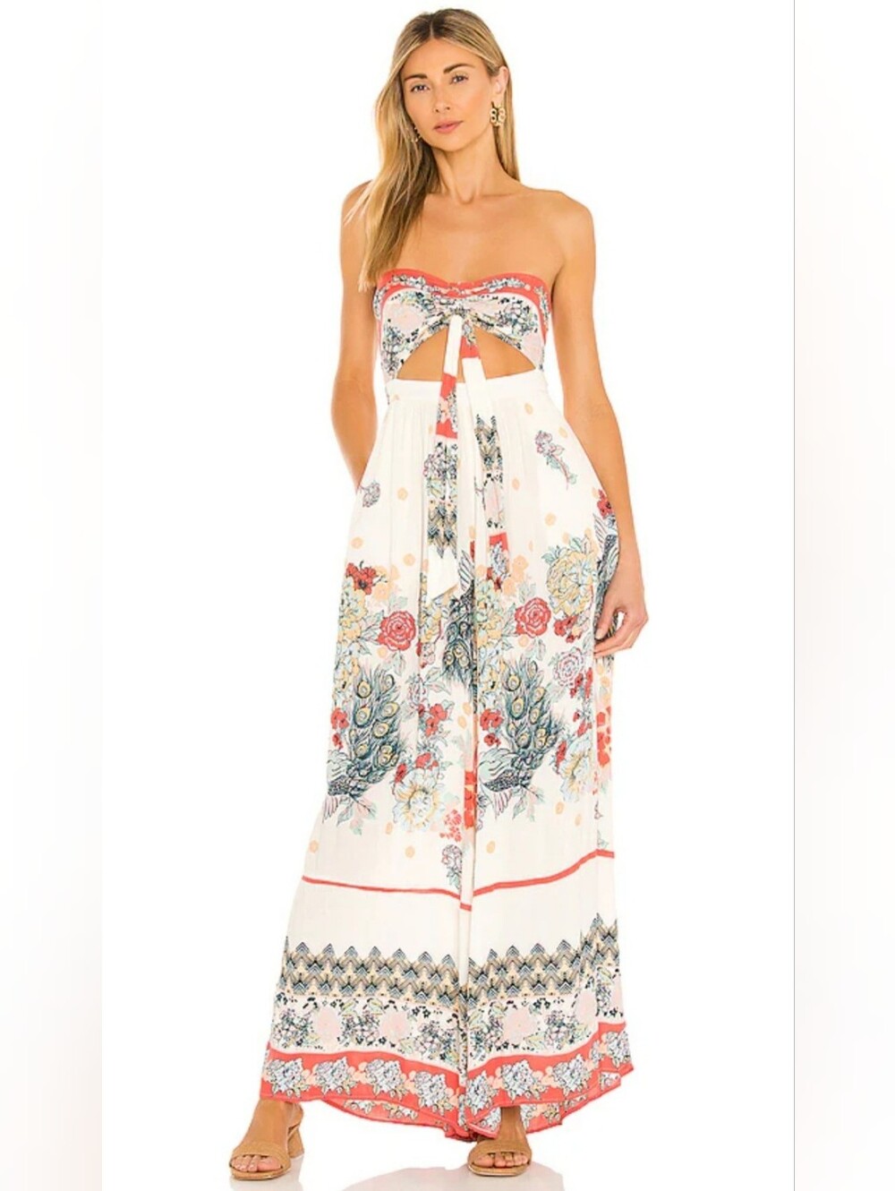 Free People Bali Birds of Paradise Boho Floral Wide Leg Jumpsuit Small LIKE NEW